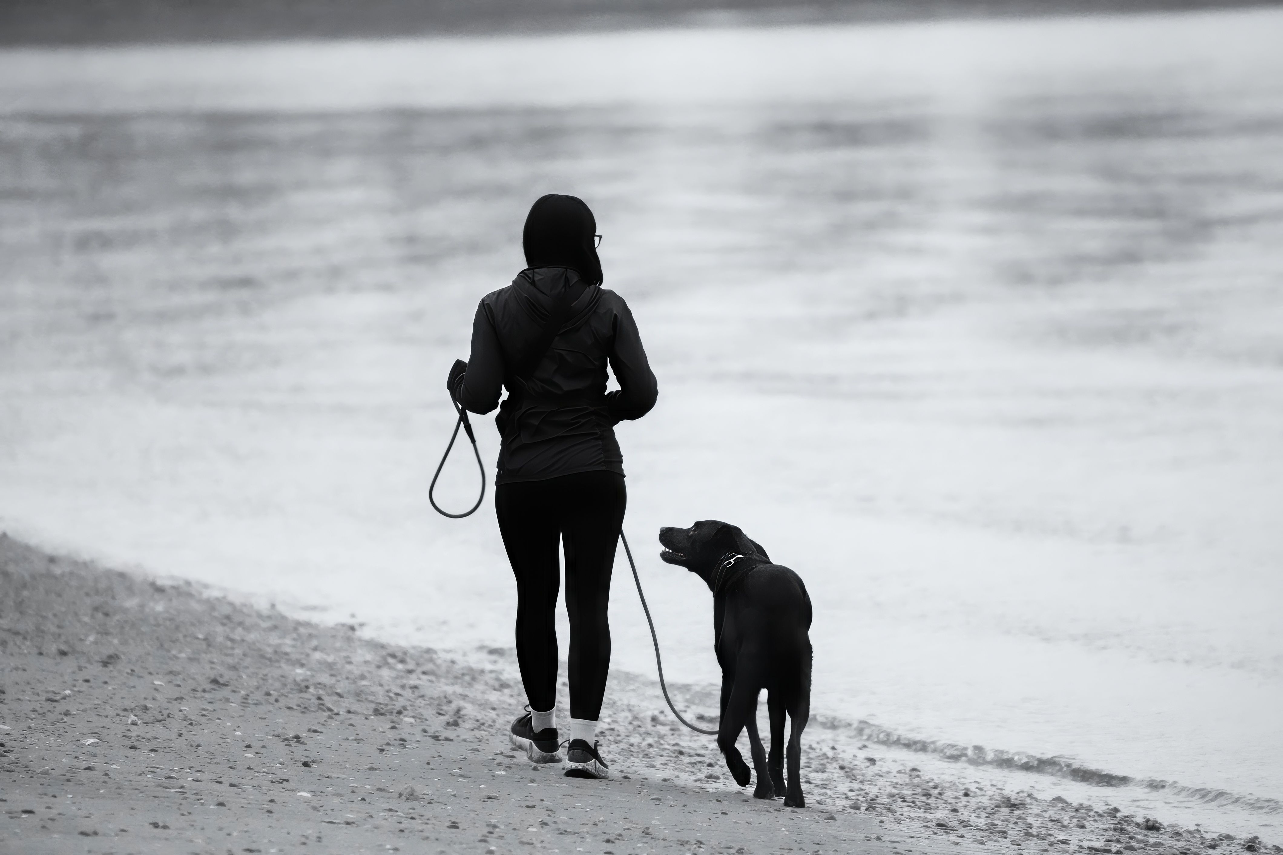 A woman in activewear walks her dog along a peaceful beach, captured in black and white.
