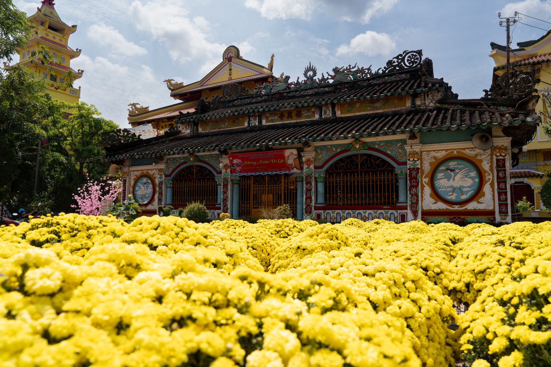 A beautiful temple in Vietnam surrounded by bright yellow flowers under a sunny sky.