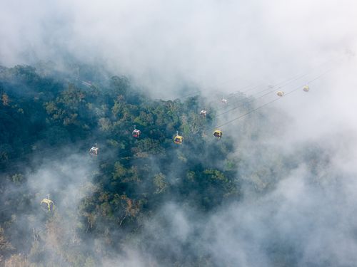 Free Stunning aerial view of cable cars traversing a dense forest shrouded in fog, creating a mystical atmosphere. Stock Photo