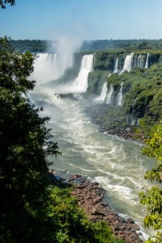 Majestic view of Iguazu Falls amidst lush greenery, showcasing powerful cascading waterfalls and natural beauty.
