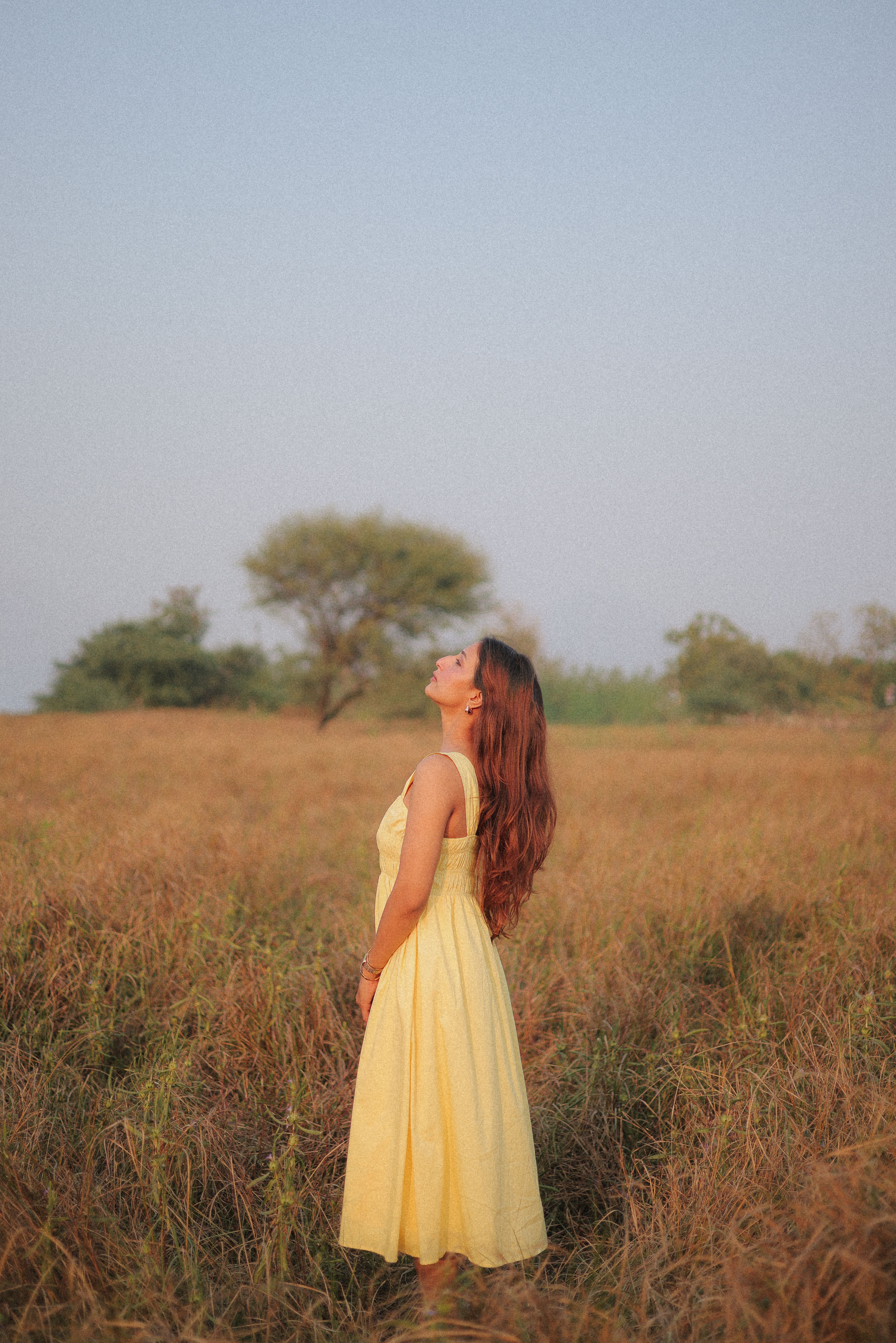 Woman in Yellow Dress Standing in Field at Sunset · Free Stock Photo