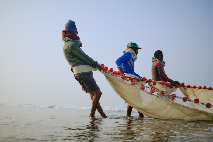 Fishermen pulling nets at Cox’s Bazar beach