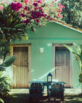 A rustic garden setting featuring a quaint green cottage with vibrant flowers and cozy seating.
