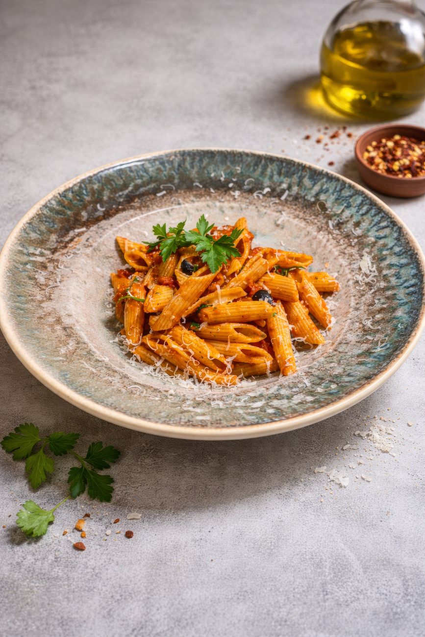 A bowl of penne arrabbiata topped with fresh parmesan and red chili flakes, showing the vibrant red sauce and visible heat elements