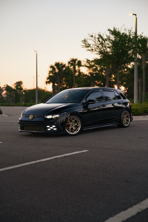 Free A sleek black hatchback car parked outdoors at sunset with a scenic tree-lined background. Stock Photo