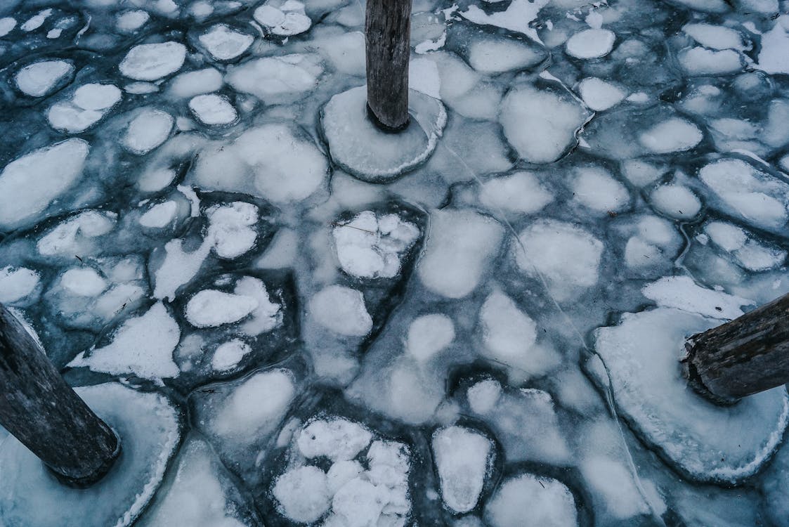 Frozen Water and Three Wooden Post