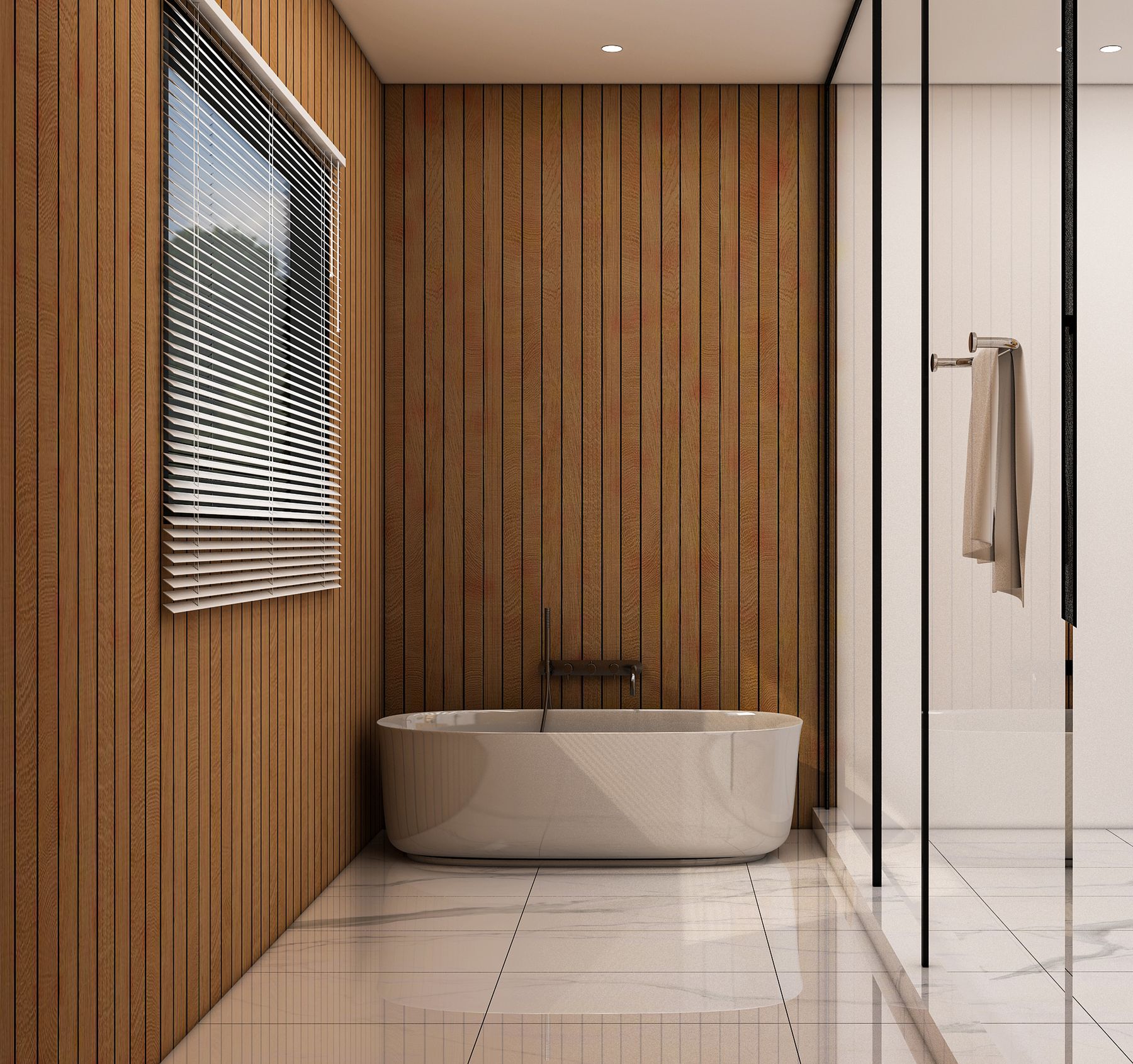 Minimal bathroom with a warm wooden accent wall and simple fixtures
