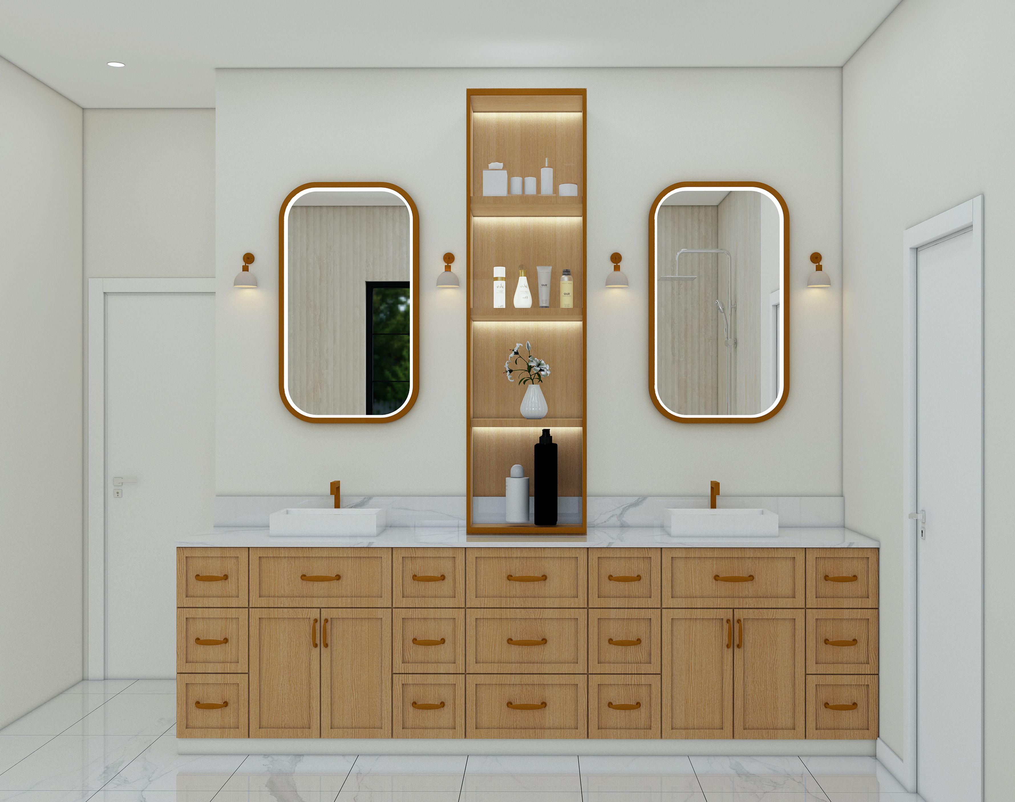 Contemporary bathroom with wooden cabinets, mirrors, and elegant lighting.