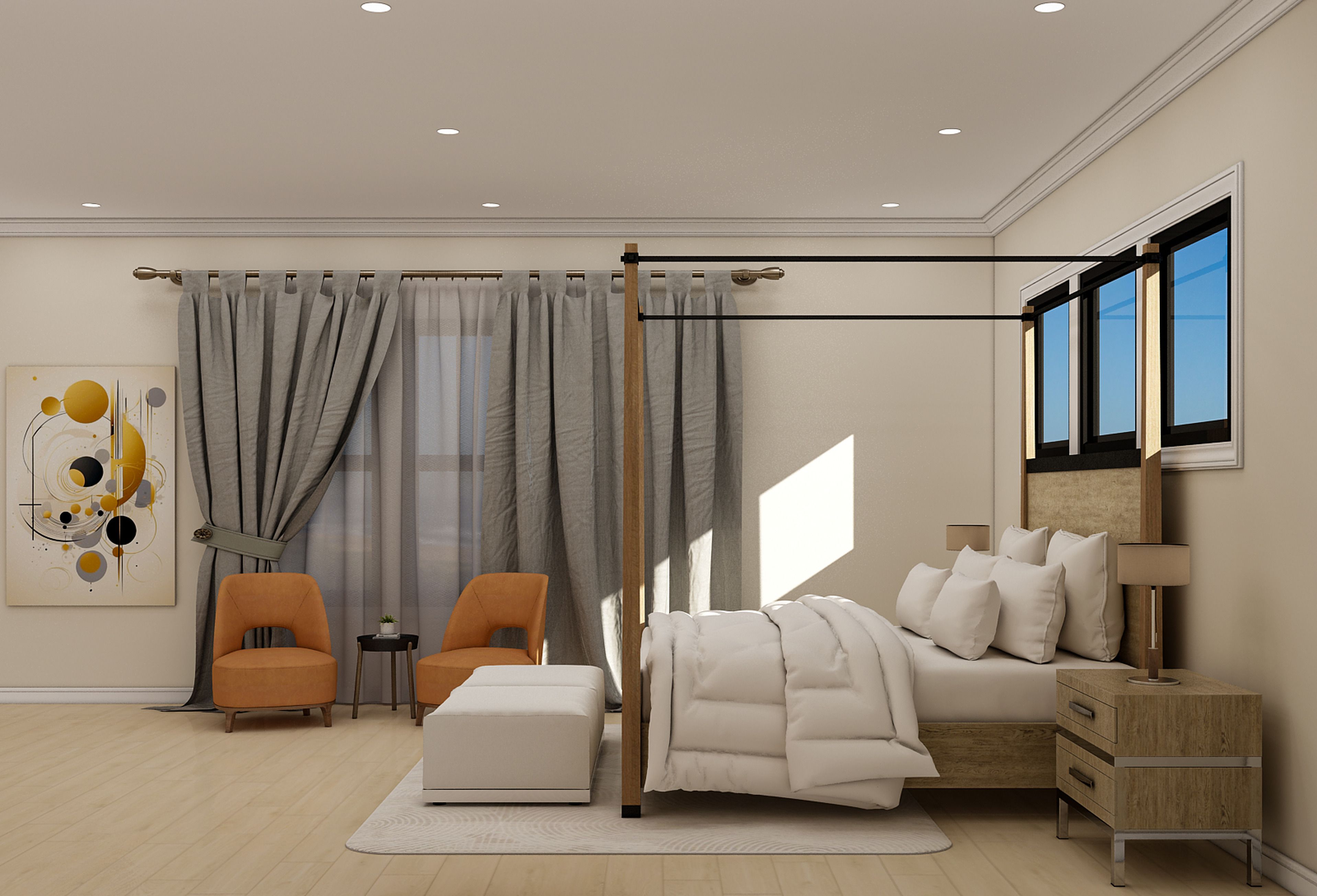 elegant bathroom layout on a budget Elegant modern bedroom with cozy seating and minimalist decor, featuring a canopy bed and warm lighting.