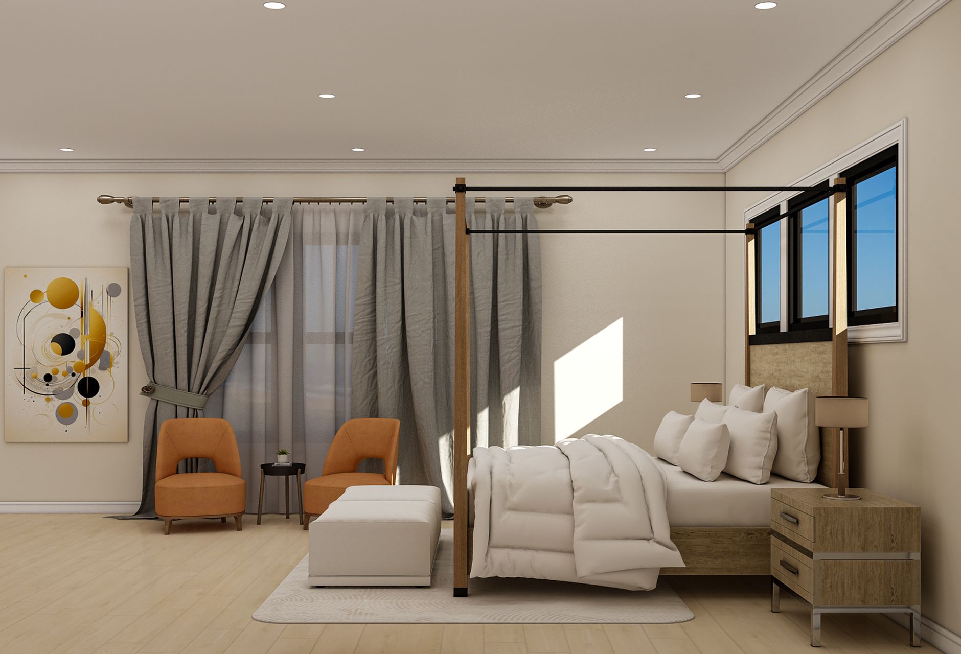 elegant bathroom layout on a budget Elegant modern bedroom with cozy seating and minimalist decor, featuring a canopy bed and warm lighting.