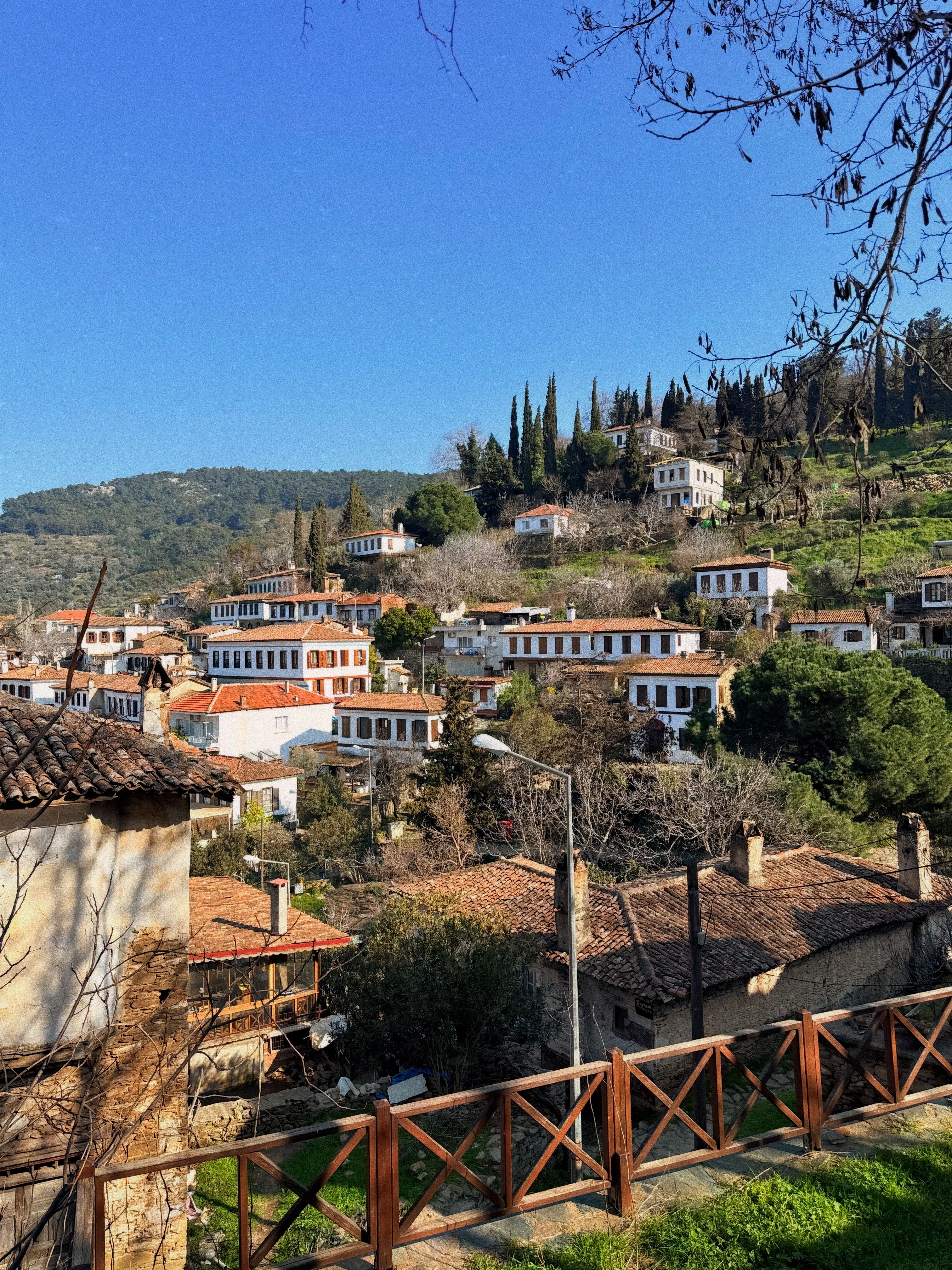 Scenic view of Şirince village with traditional houses nestled in lush green hills under a clear blue sky.