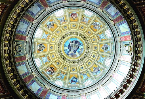 布达佩斯圣史蒂芬大教堂的圆顶天花板华丽壮观，其宗教艺术丰富的景色令人惊叹