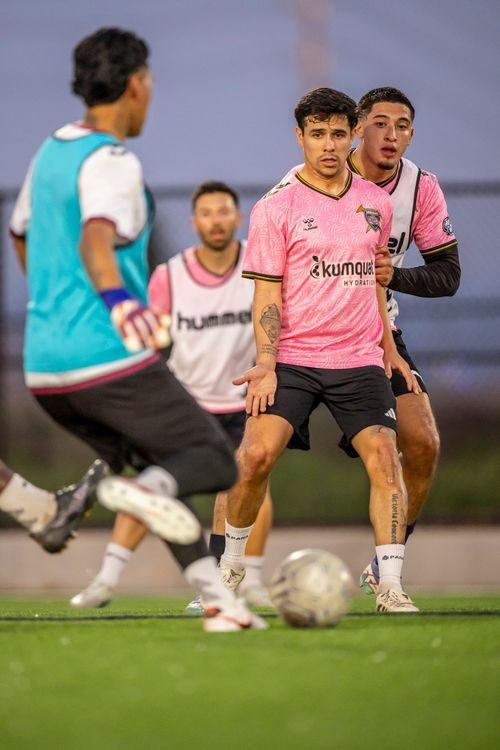 Free A group of athletes engaged in an intense soccer training session on a green field. Stock Photo