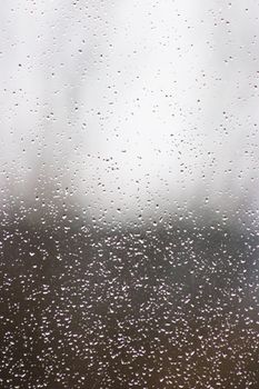 Close-up of raindrops on a window with a blurred background, creating a serene atmosphere.