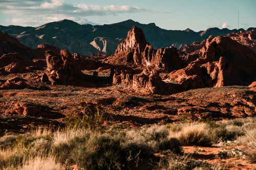 Free Beautiful view of the red rock formations in Moapa Valley, Nevada, under a clear blue sky. Stock Photo