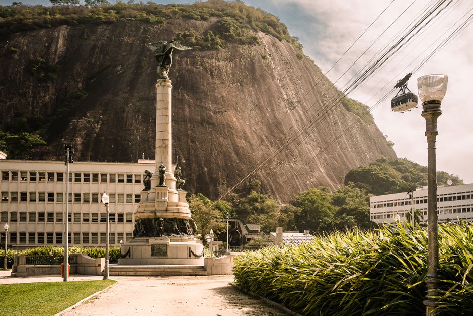 Cable car ascending Sugarloaf Mountain with Rio de Janeiro cityscape in Brazil