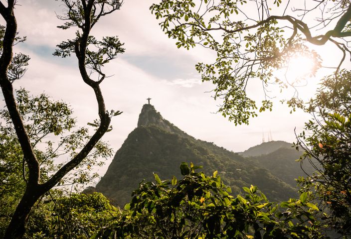 Scenic view of Christ the Redeemer statue framed by trees in Rio de Janeiro.