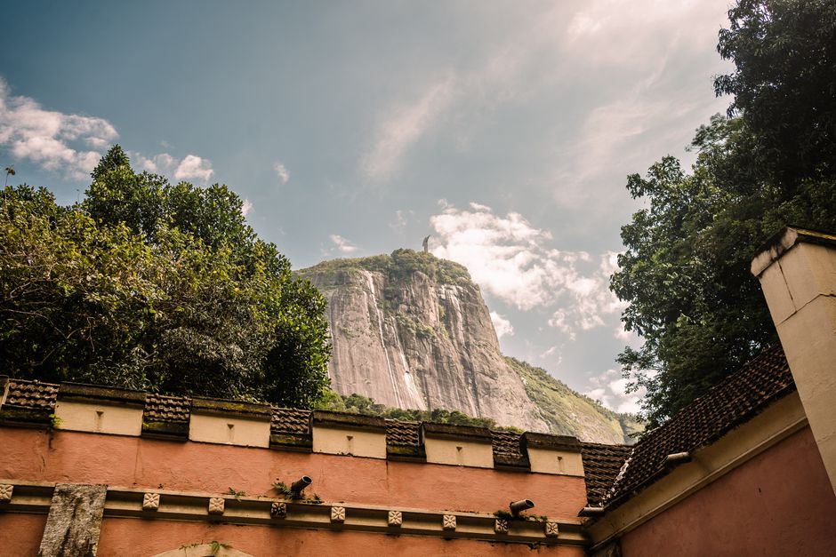 View of Christ the Redeemer statue from a classic rooftop in Rio de Janeiro, Brazil.