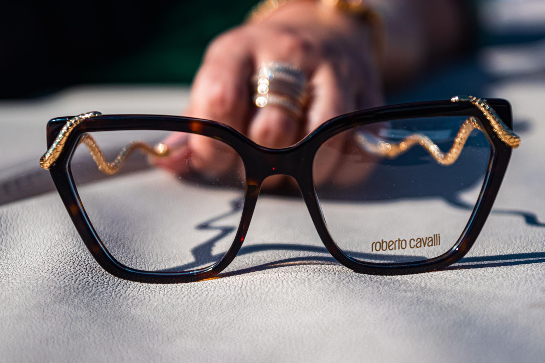 Elegant Roberto Cavalli eyeglasses with intricate gold chain detail, captured in Portugal.
