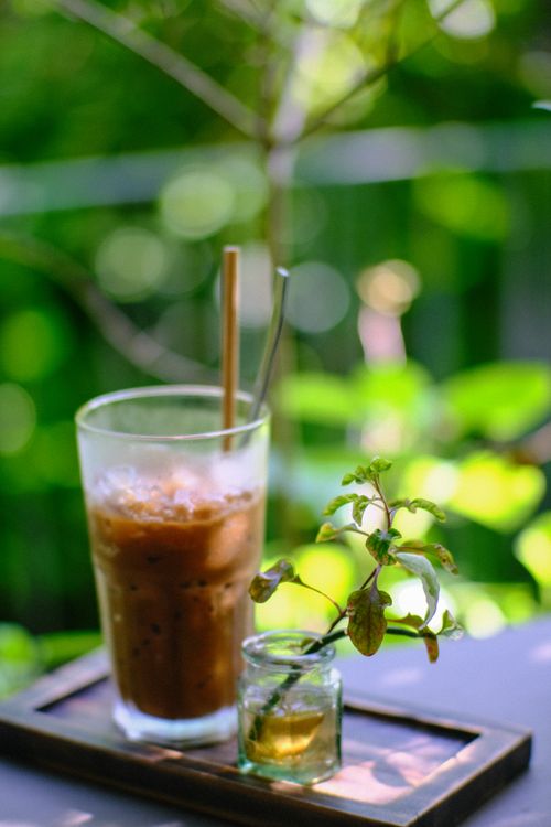 Free Enjoy a refreshing iced coffee outdoors in the lush greenery of Da Nang, Vietnam. Stock Photo