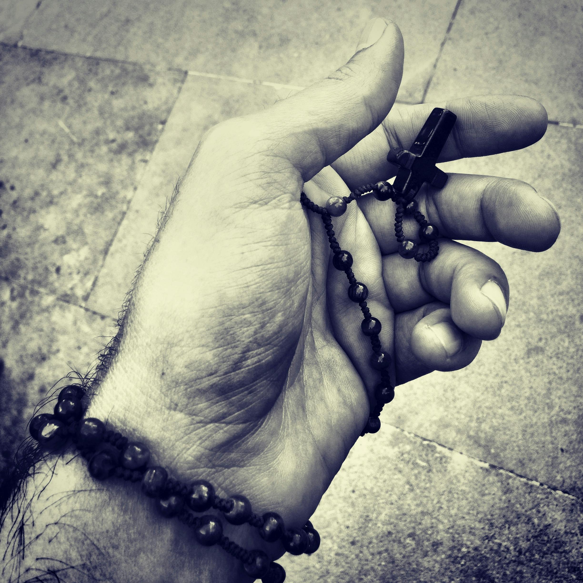 free stock photo of black and white praying hand rosary