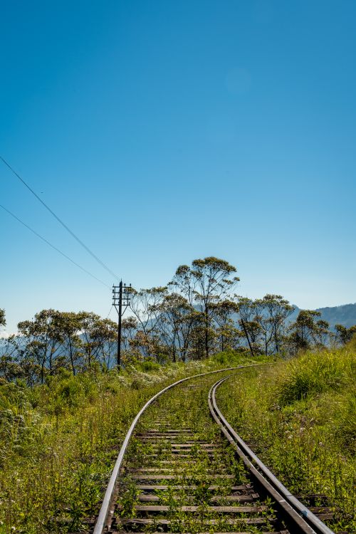 Free Captivating view of a railway track curving through the lush landscape under a clear sky in Sri Lanka. Stock Photo