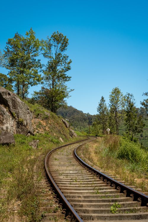 Free Curved railway track crossing lush landscape in Sri Lanka, ideal for travel and nature themes. Stock Photo