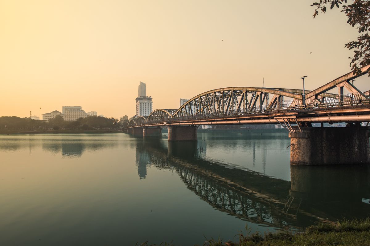 Truong Tien Bridge over the Perfume River at sunset in Hue
