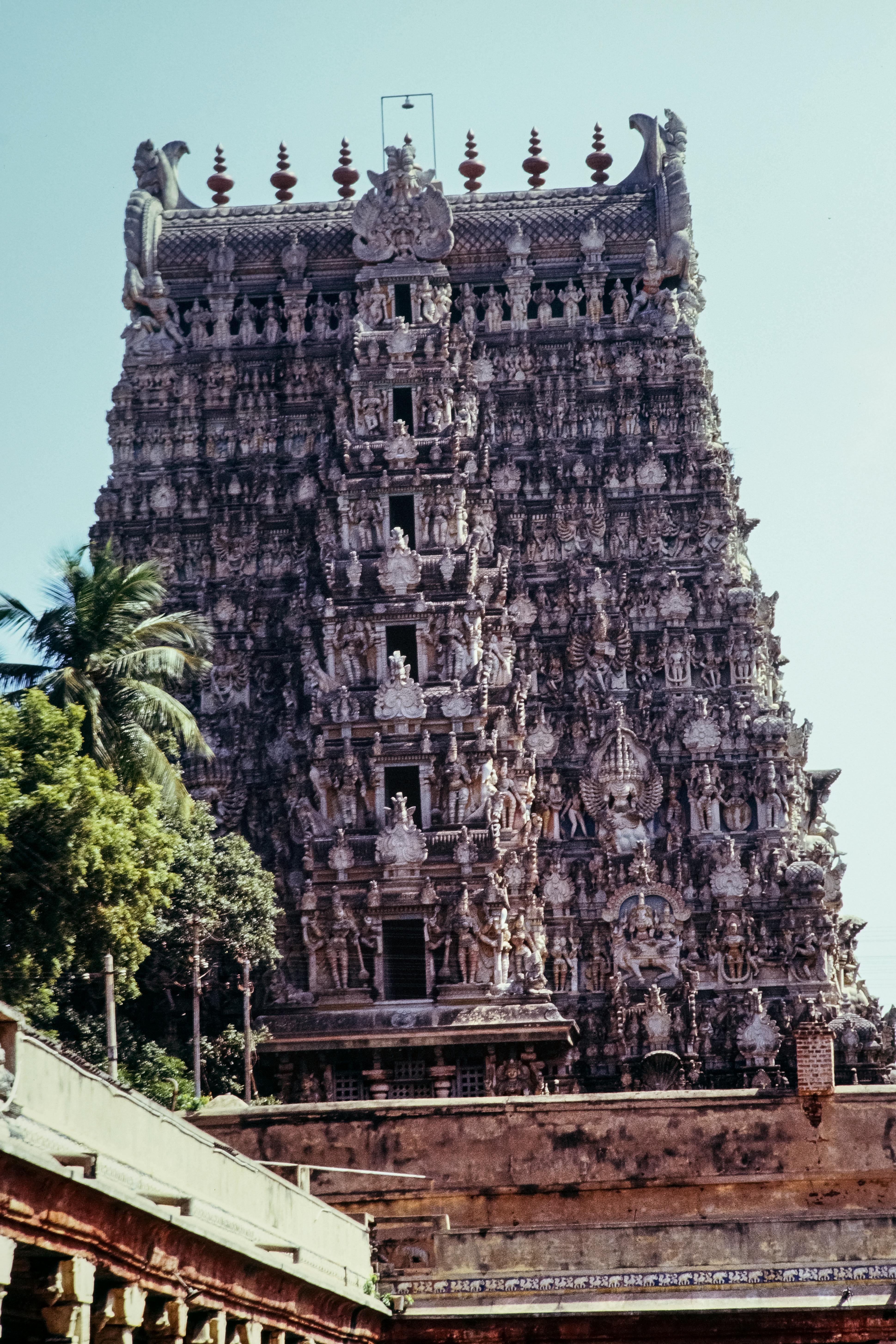 Beautifully detailed temple gopuram in India, showcasing traditional Dravidian architecture surrounded by lush greenery.