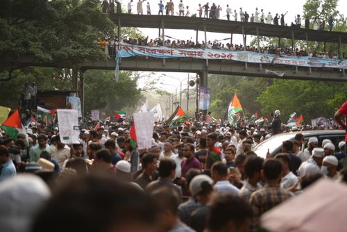 Free Large pro Palestine rally in Dhaka, Bangladesh reflecting solidarity and activism. Stock Photo