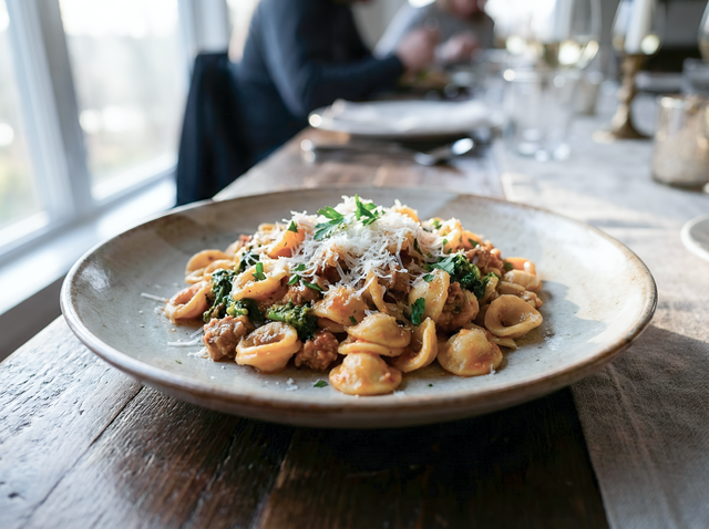 Delicious orecchiette pasta served with meat sauce at a sunlit dining table.