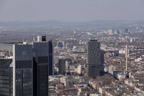 Free A breathtaking aerial view of Frankfurt am Main featuring iconic skyscrapers and urban architecture. Stock Photo