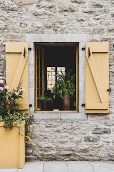 质朴的石墙、黄色的木窗和充满活力的植物，构成了一幅迷人的景象