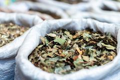 Close-up of dried herbal leaves in bags at a São Paulo market, showcasing natural textures.