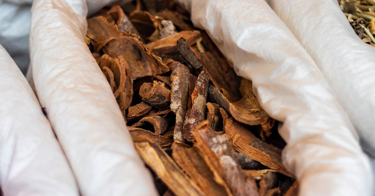 Dried root material in open hessian sacks at a herb supplier