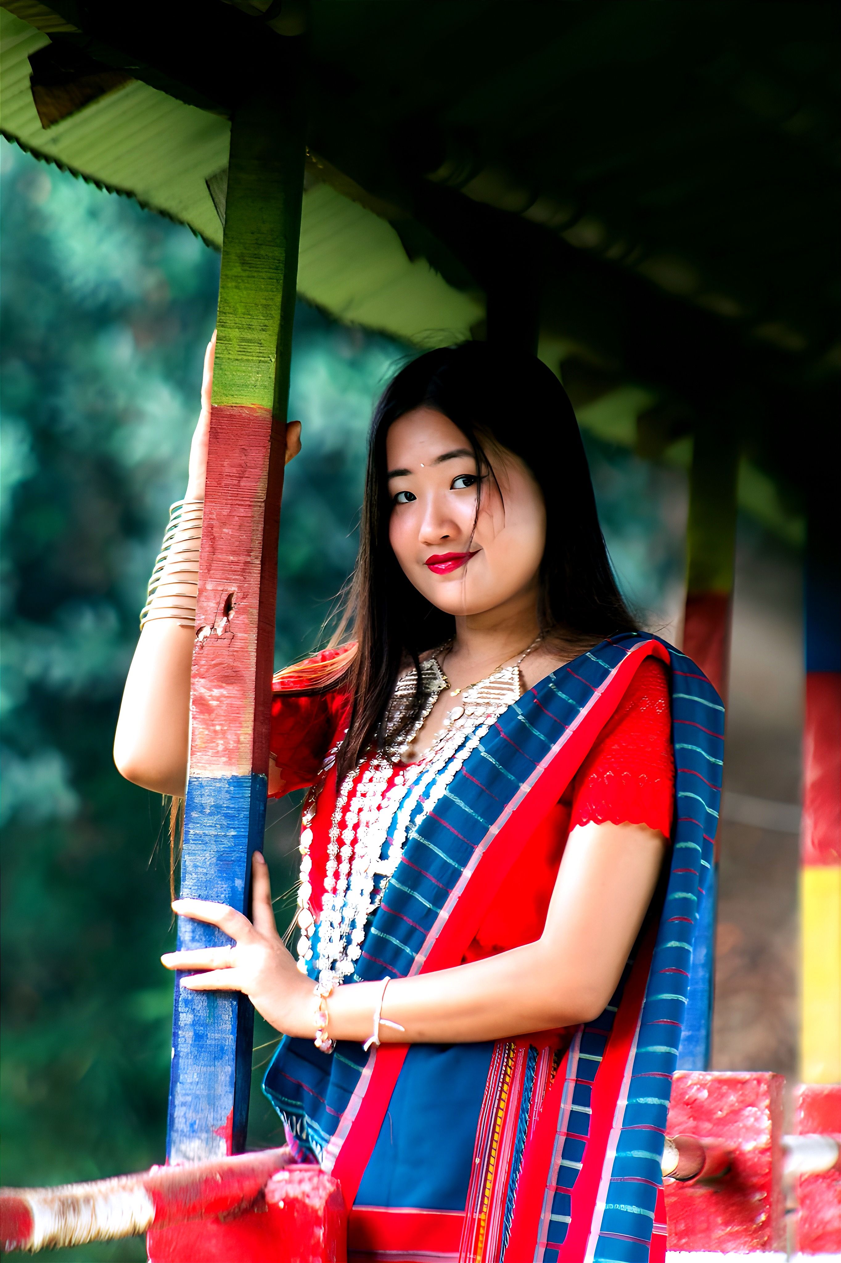 Portrait of a Chakma woman in vibrant traditional clothing, Rangamati, Bangladesh.