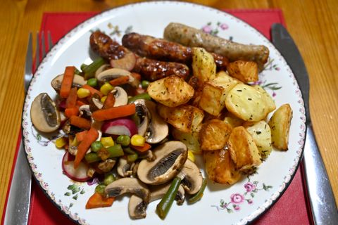 Sheet-Pan Sausages With Potatoes and Peppers. Photo by Patrick Nizan on Pexels