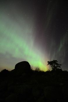 Aurora Borealis illuminates the night sky above a dark, rocky terrain with trees silhouetted.