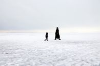 一个孩子和一位成人在寒冷的冬日走过白雪皑皑的广阔地带