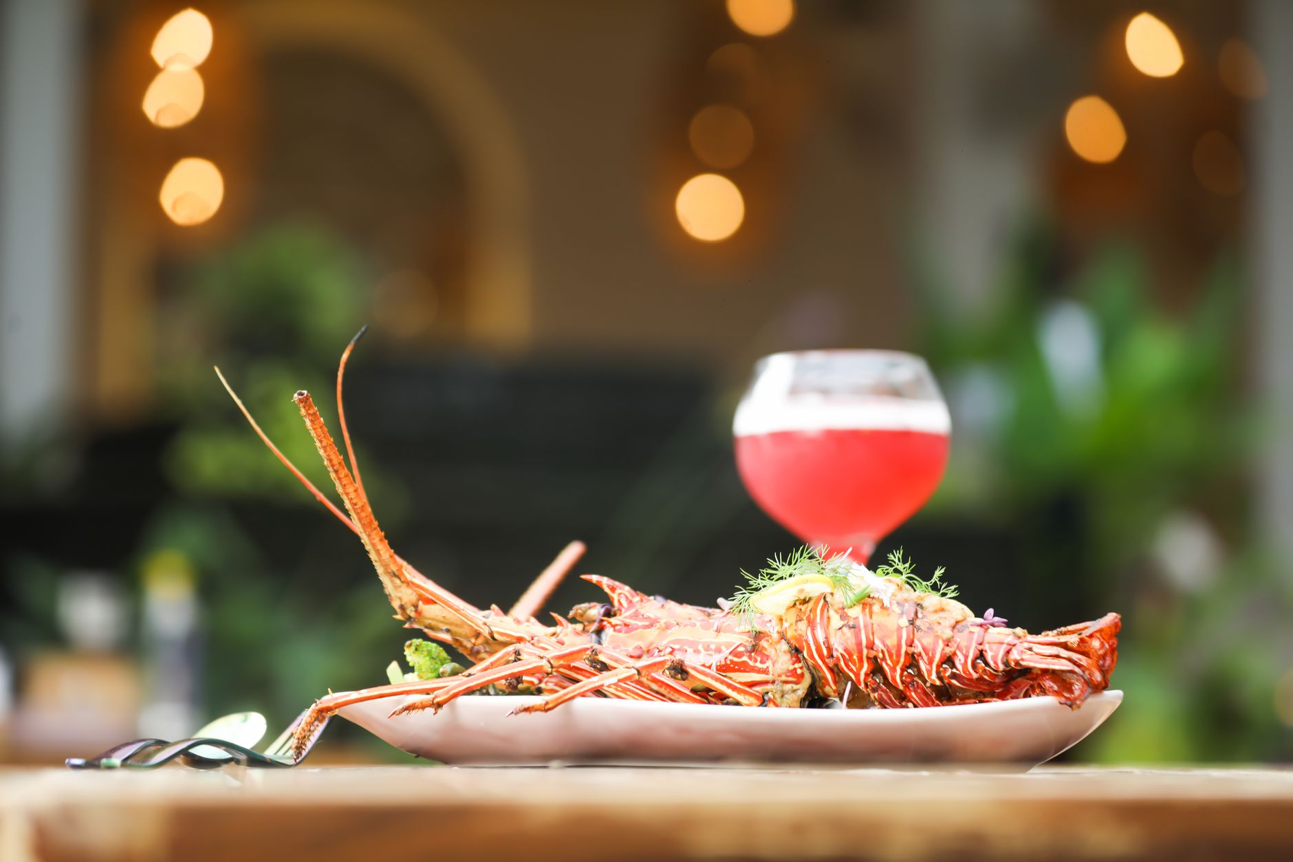 A delicious lobster dish paired with craft beer served outdoors. Perfect for summer dining experiences.
