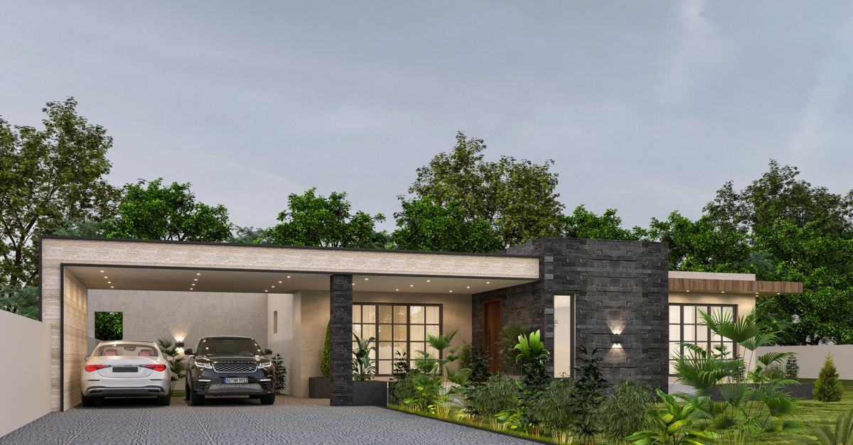 Contemporary bungalow showcasing a sleek design with two luxury cars parked in the driveway.