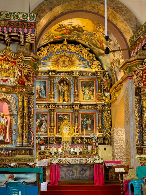 Free Stunning religious altar with vibrant decorations and intricate carvings, capturing spiritual elegance. Stock Photo