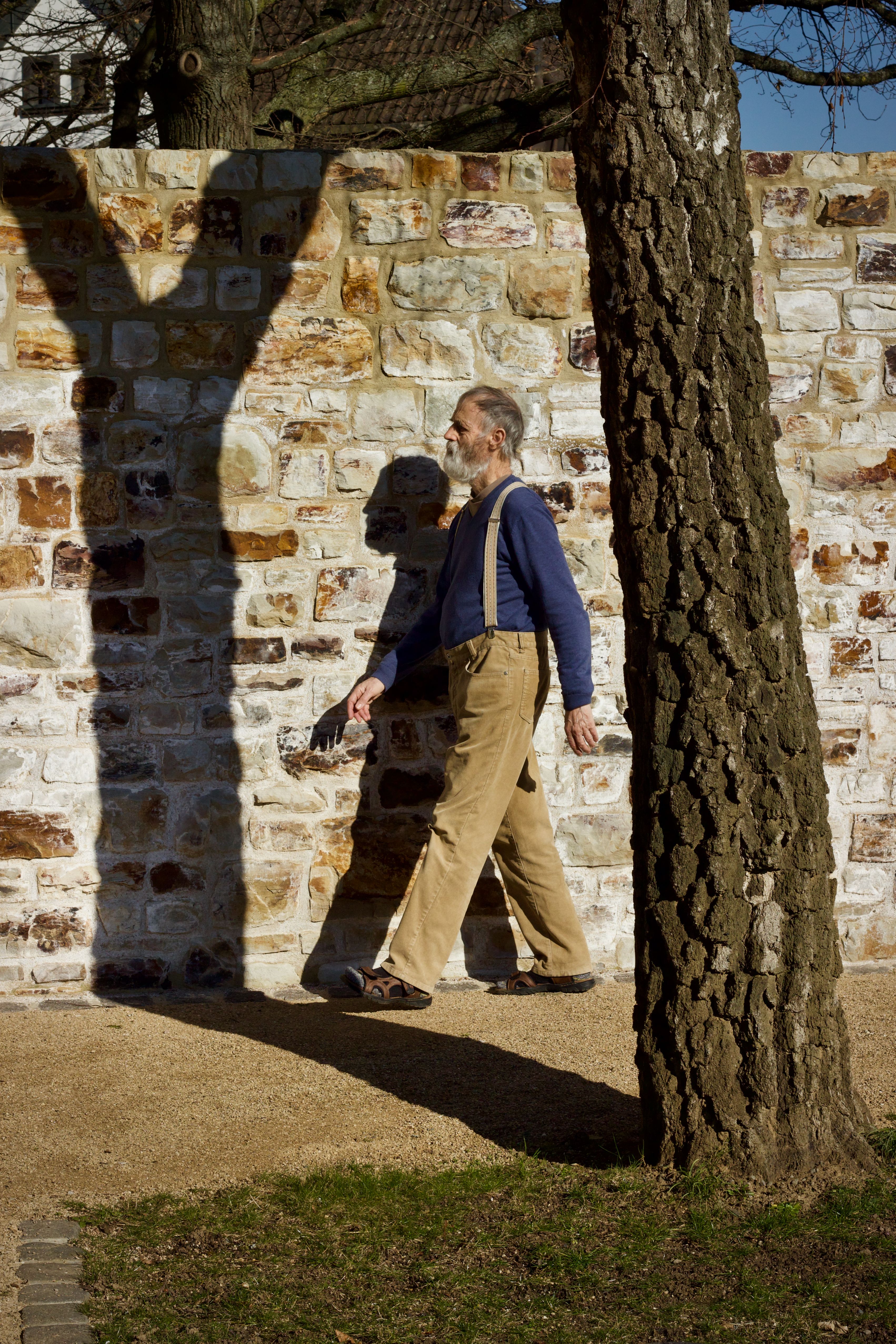 Elderly man strolls past a stone wall casting a long shadow on a sunny day in a park.