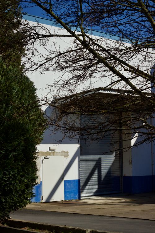 Free A minimalist view of an industrial building entrance with strong shadows and tree branches. Stock Photo