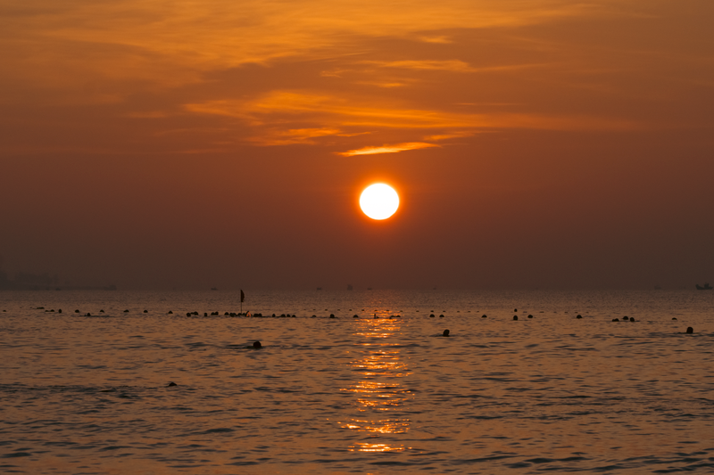A serene sunset over the ocean with swimmers silhouetted by the golden light.