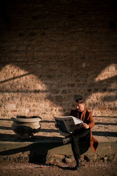 一个时尚的男人坐在阳光下的石凳上看报纸