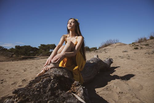 Woman in Yellow Dress Sitting on A Driftwood 