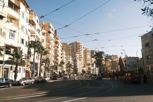 Free Vibrant urban street view in Alexandria, Egypt, featuring cars and palm-lined buildings under a clear blue sky. Stock Photo