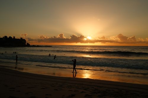 Free Serene sunrise over Bondi Beach in Sydney with silhouettes of people enjoying the early morning waves. Stock Photo