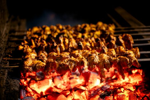 Delicious grilled chicken skewers sizzling over red-hot charcoal. Perfect for BBQ and outdoor parties.